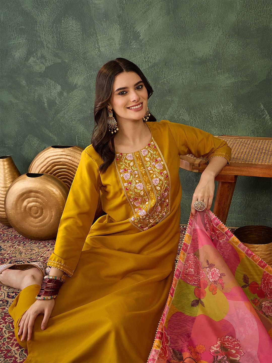 Dhiyona KL Floral Embroidered Straight Kurta With Trousers & Dupatta