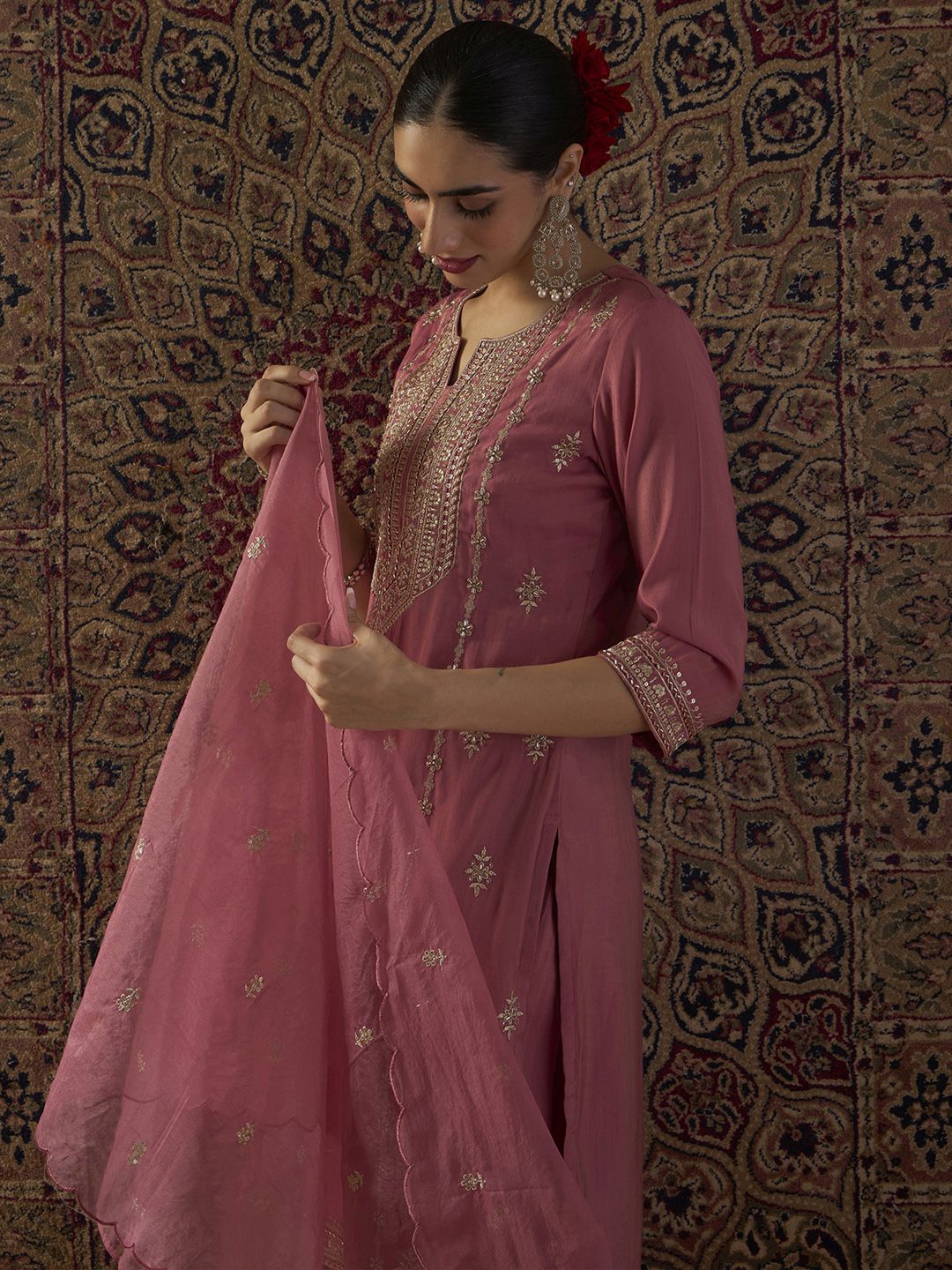 Dhiyona IE Ethnic Motifs Embroidered Regular Straight Kurta With Palazzos & Dupatta