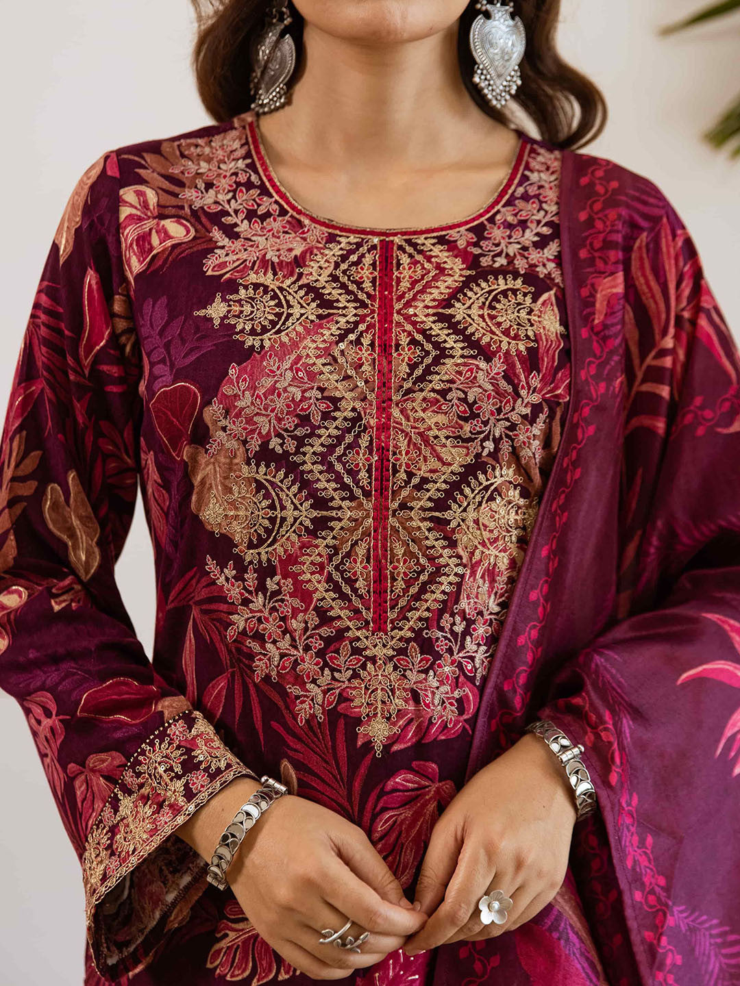 Floral Printed Straight Thread Work Kurta With Palazzos & Dupatta