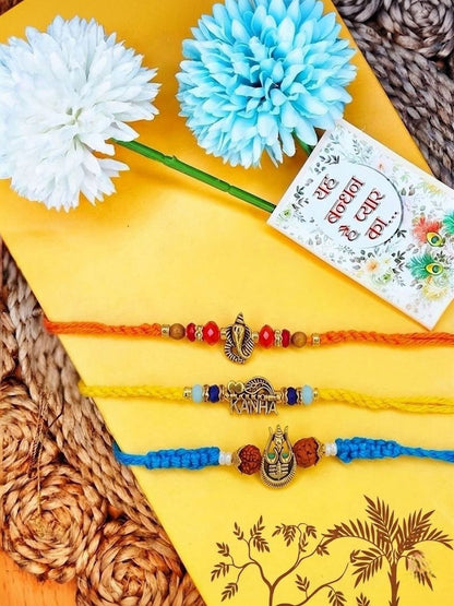 Dhiyona Set Of 3 Rudraksh Religious Rakhi Thread Rakhi Roli Chawal Chandan Mishri