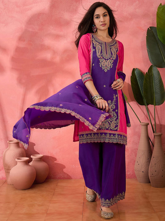 Dhiyona SN Purple Paisley Embroidered Round Neck Straight Kurta With Palazzos And Dupatta