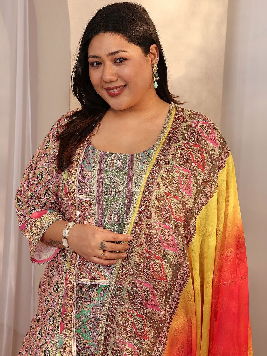 Dhiyona Women's Plus Size Ethnic Motifs Printed Kurta with Trousers & Dupatta