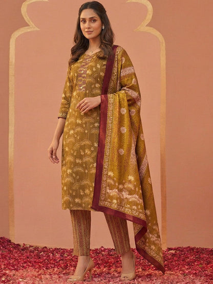 Printed Cotton Sweetheart Neck Kurta & Trousers With Dupatta