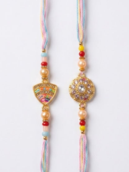 Anouk Set Of 2 Gold Toned Artificial Stones & Beads Thread Rakhi With Roli Chawal Chandan