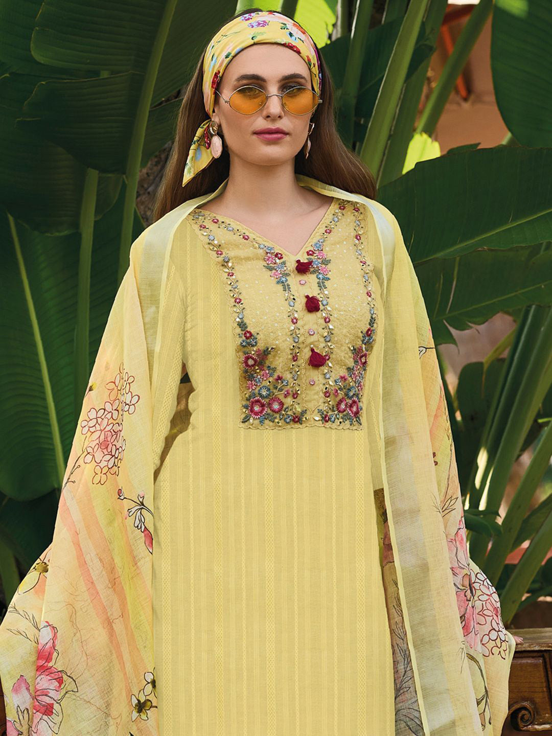 Yellow Floral Embroidered Thread Work Pure Cotton Kurta with Trouser & Dupatta