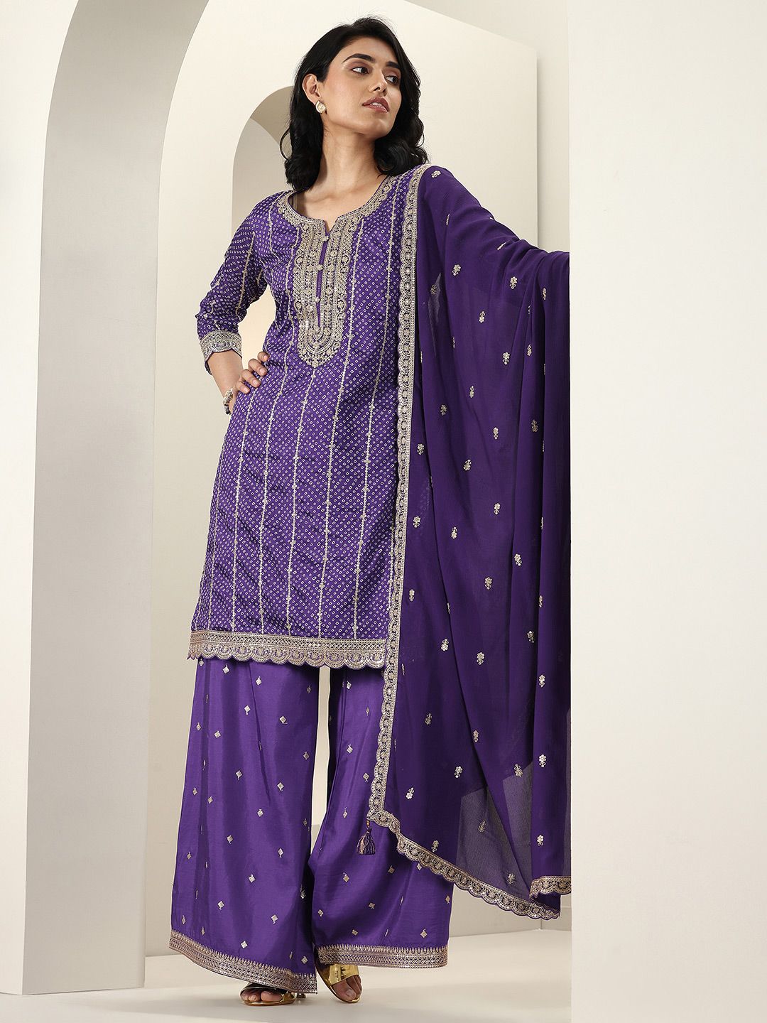 Dhiyona LL Women Bandhani Printed Regular Kurta with Palazzos & With Dupatta