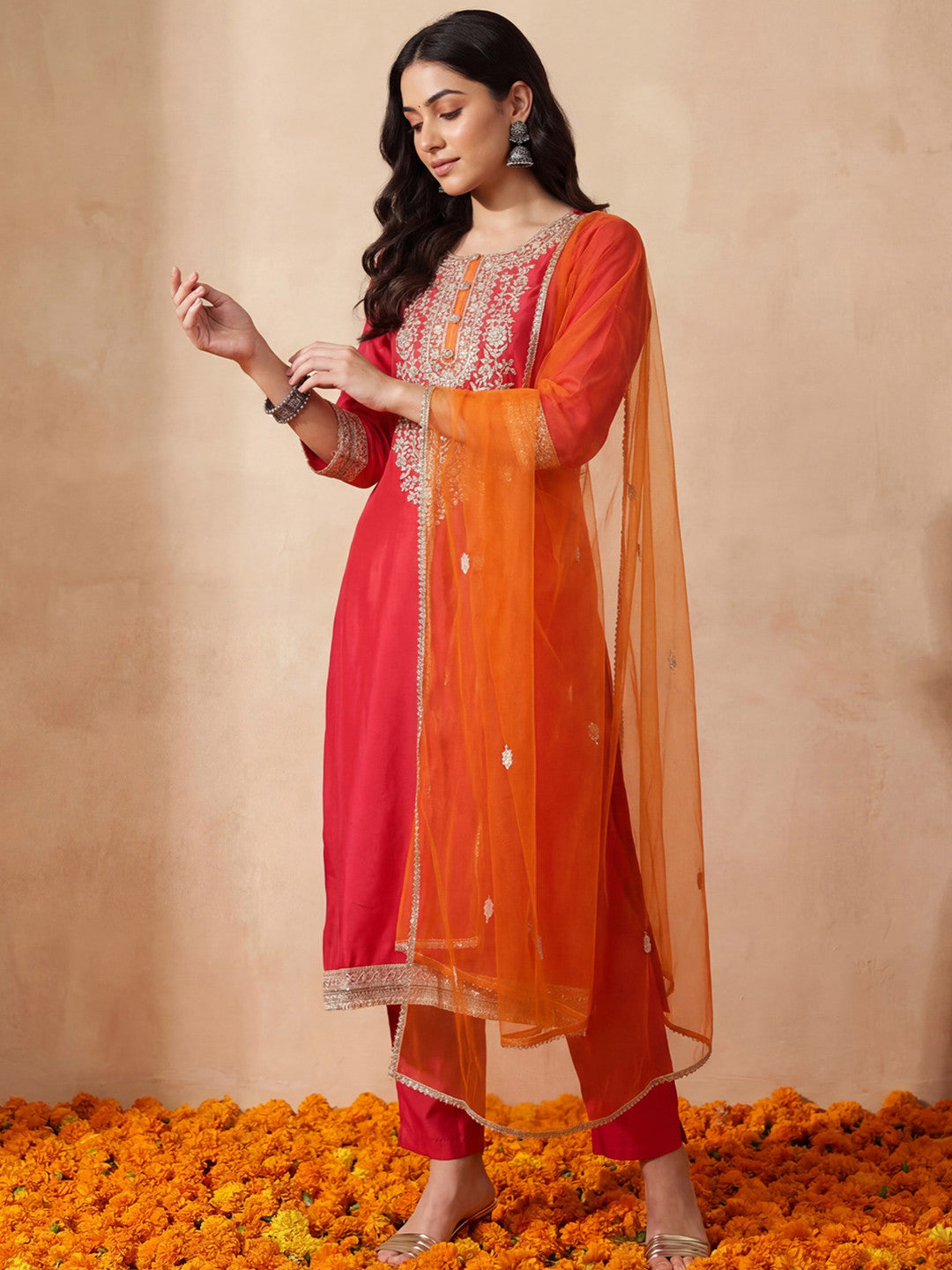 Women Ethnic Motifs Embroidered Regular Sequinned Kurta with Trousers & With Dupatta
