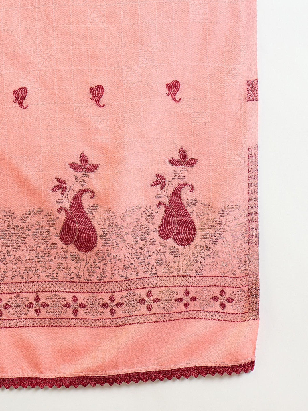 Winter Ethnic Women Maroon & Peach Jacquard Straight Kurta with Trousers & Dupatta
