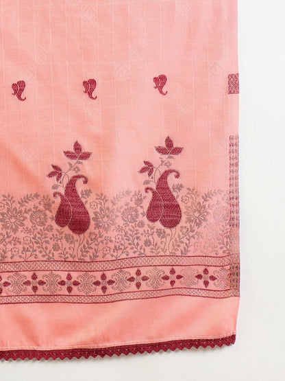 Winter Ethnic Women Maroon & Peach Jacquard Straight Kurta with Trousers & Dupatta