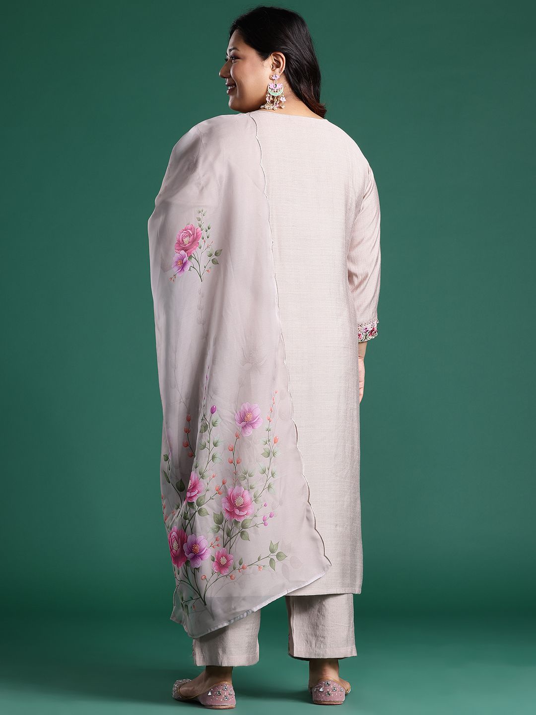 Dhiyona Women's Floral Embroidered Regular Thread Work Round Neck Kurta with Trousers & Dupatta