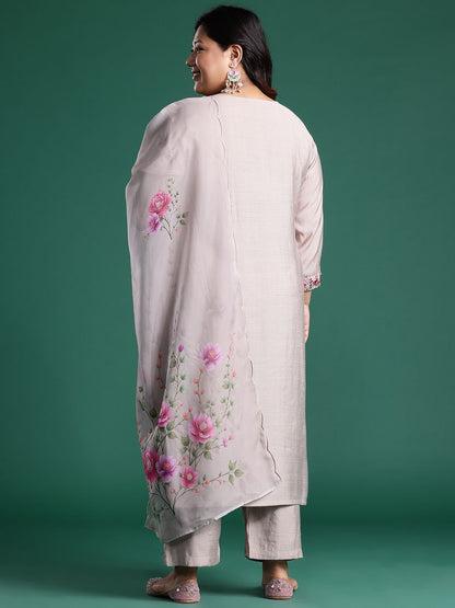 Dhiyona Women's Floral Embroidered Regular Thread Work Round Neck Kurta with Trousers & Dupatta