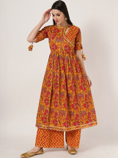 Women Floral Printed Angrakha Pure Cotton Kurta with Palazzos
