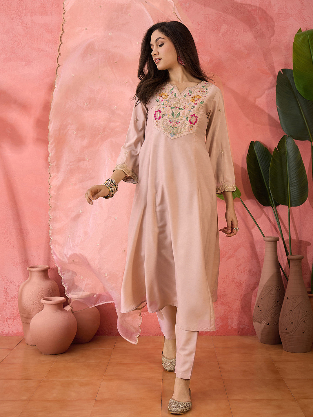 Beige Floral Yoke Design Notch Neck A-Line Kurta With Trousers And Dupatta