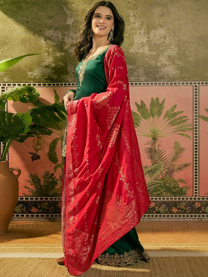Dhiyona SN Embroidered A-Line Kurta With Palazzo & Dupatta