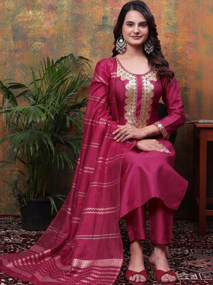 Women Ethnic Motifs Embroidered Regular Kurta with Trousers & With Dupatta