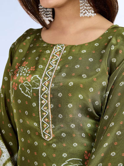 Dhiyona IS Women's Floral Printed Beads And Stones Straight Kurta With Trousers And Dupatta