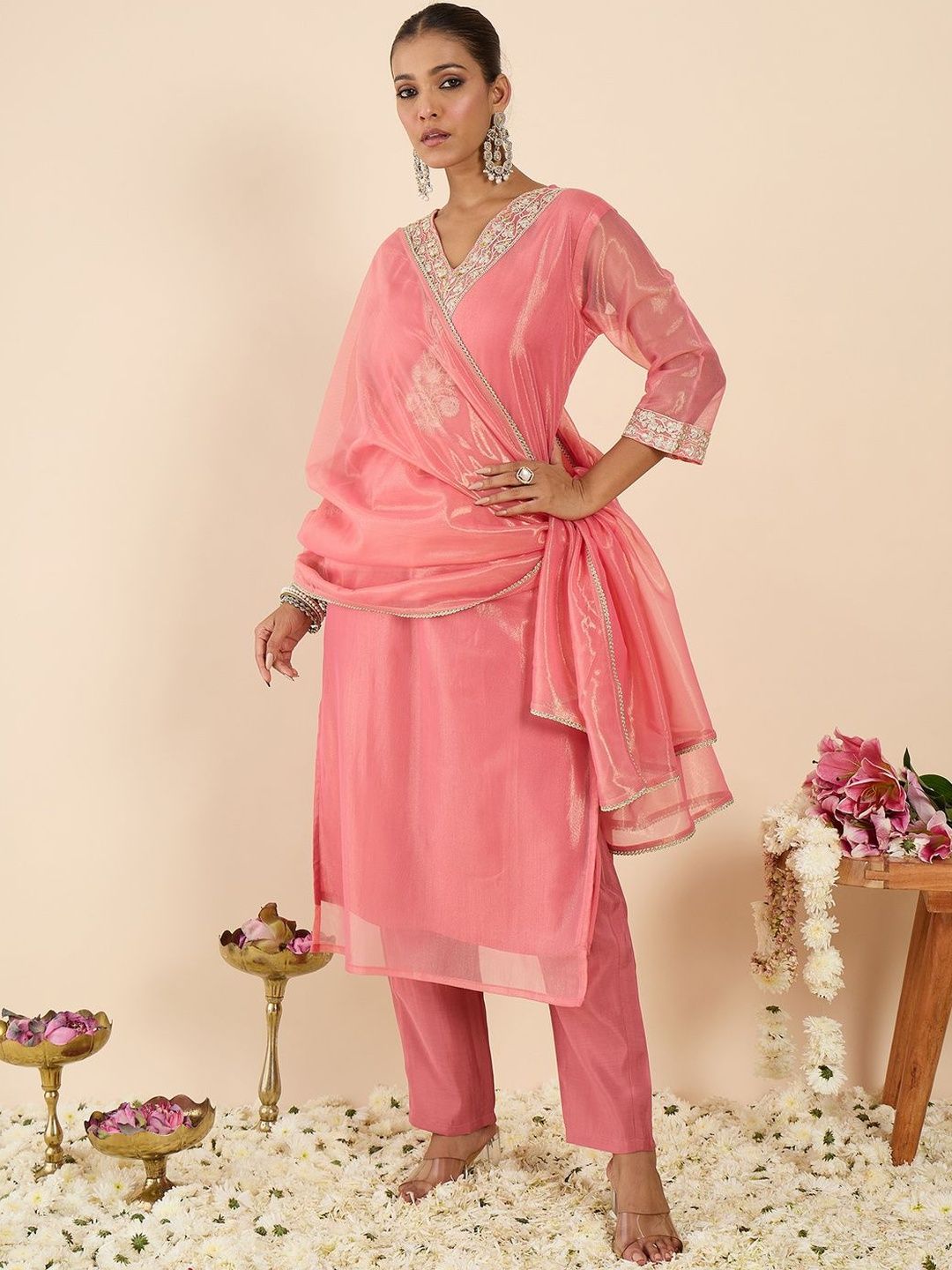 Dhiyona IE Women Ethnic Motifs Embroidered Regular Kurta with Trousers & With Dupatta