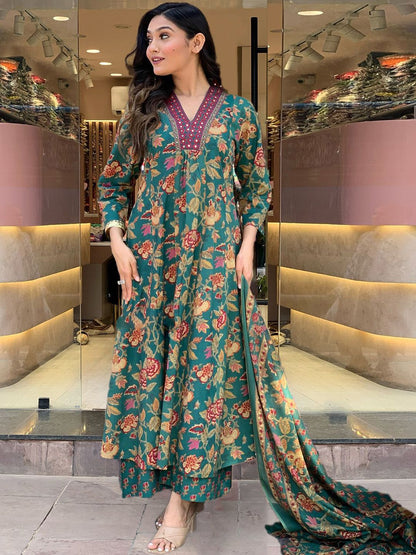 Dhiyona KL Floral Printed V-Neck A-Line Kurta With Palazzos & Dupatta