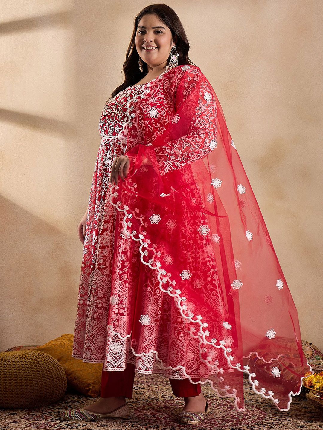 Dhiyona IN Floral Embroidered Thread Work Anarkali Net Kurta with Trousers & Dupatta