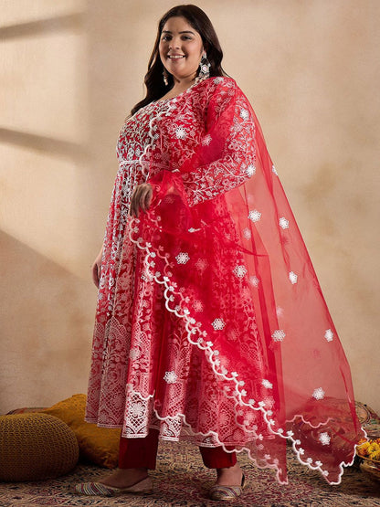 Dhiyona IN Floral Embroidered Thread Work Anarkali Net Kurta with Trousers & Dupatta