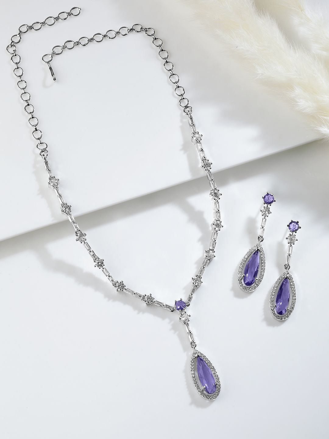 Dhiyona RJ Women's Rhodium Plated Purple Sapphire Teardrop Necklace Set with AD & Cubic Zirconia