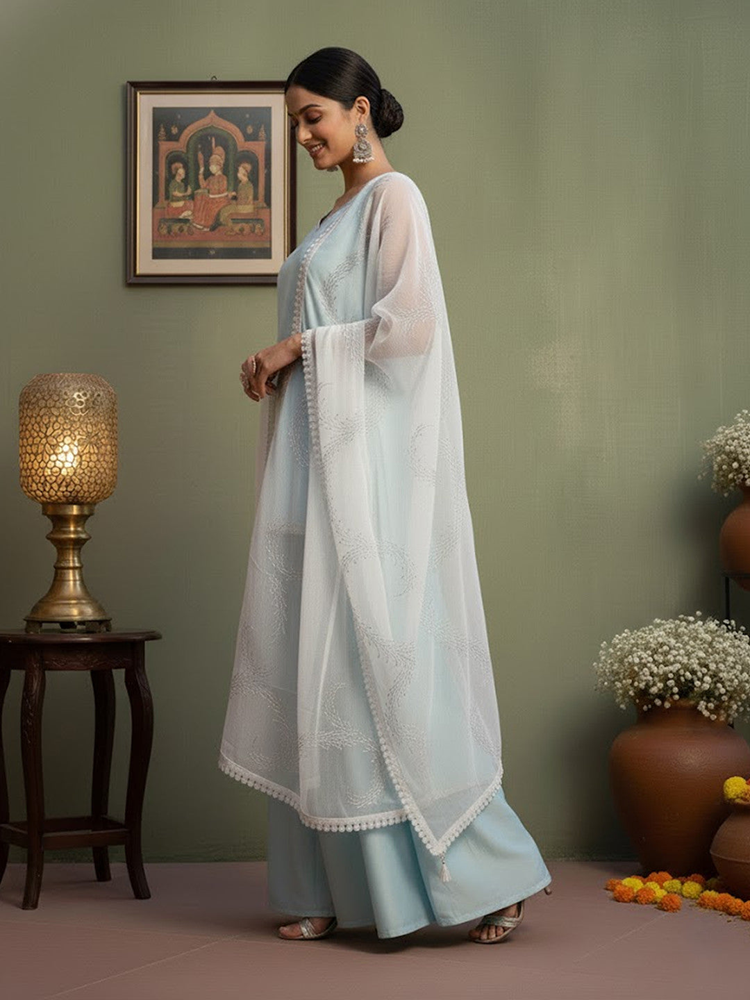 Silk Blend Solid Kurta with Sharara & Duppatta