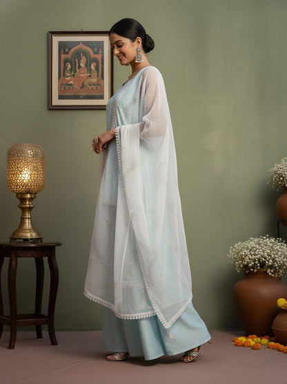 Silk Blend Solid Kurta with Sharara & Duppatta