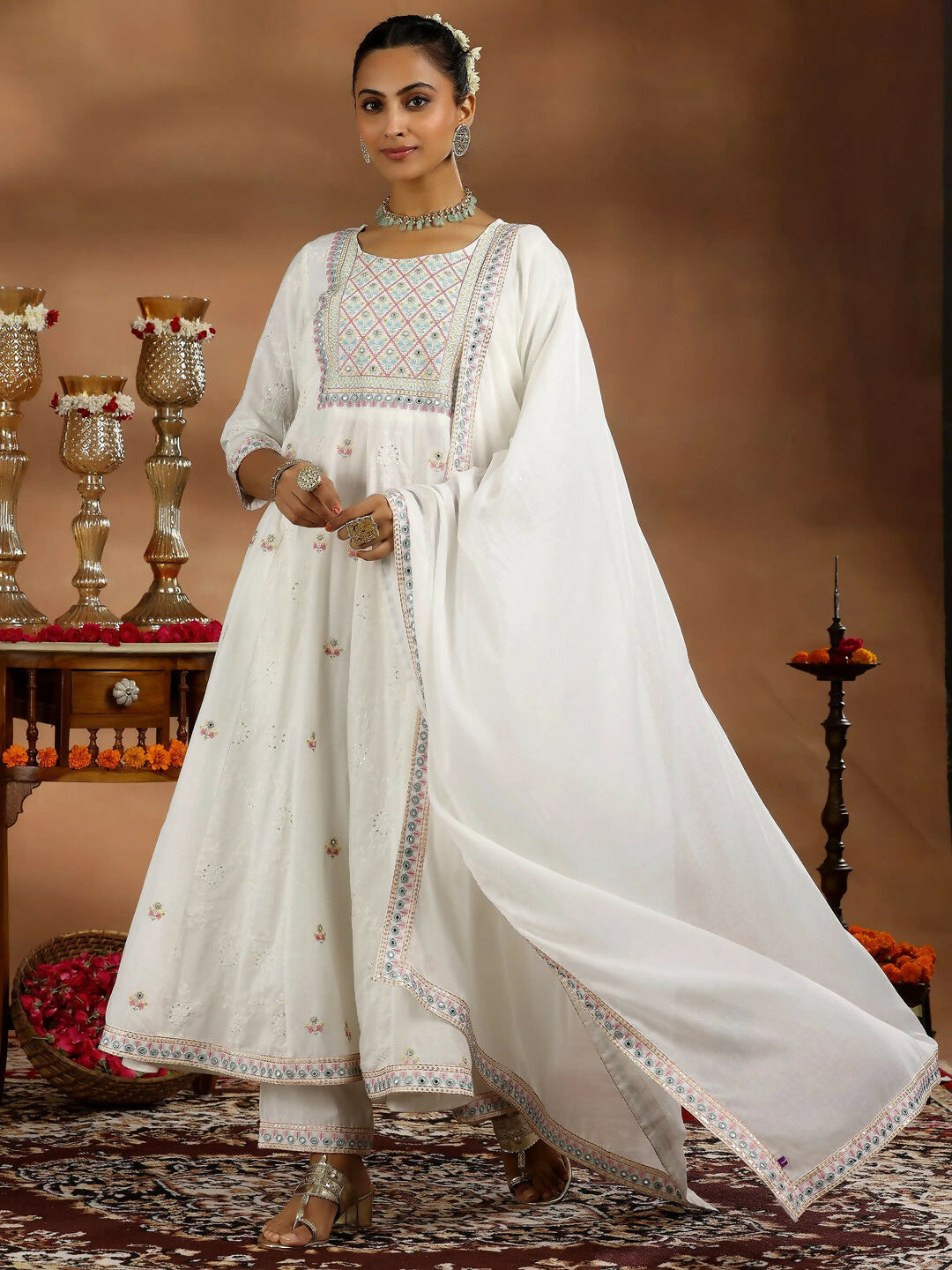 Women's LB White Embroidered Cotton A-Line Kurta With Trousers & Dupatta