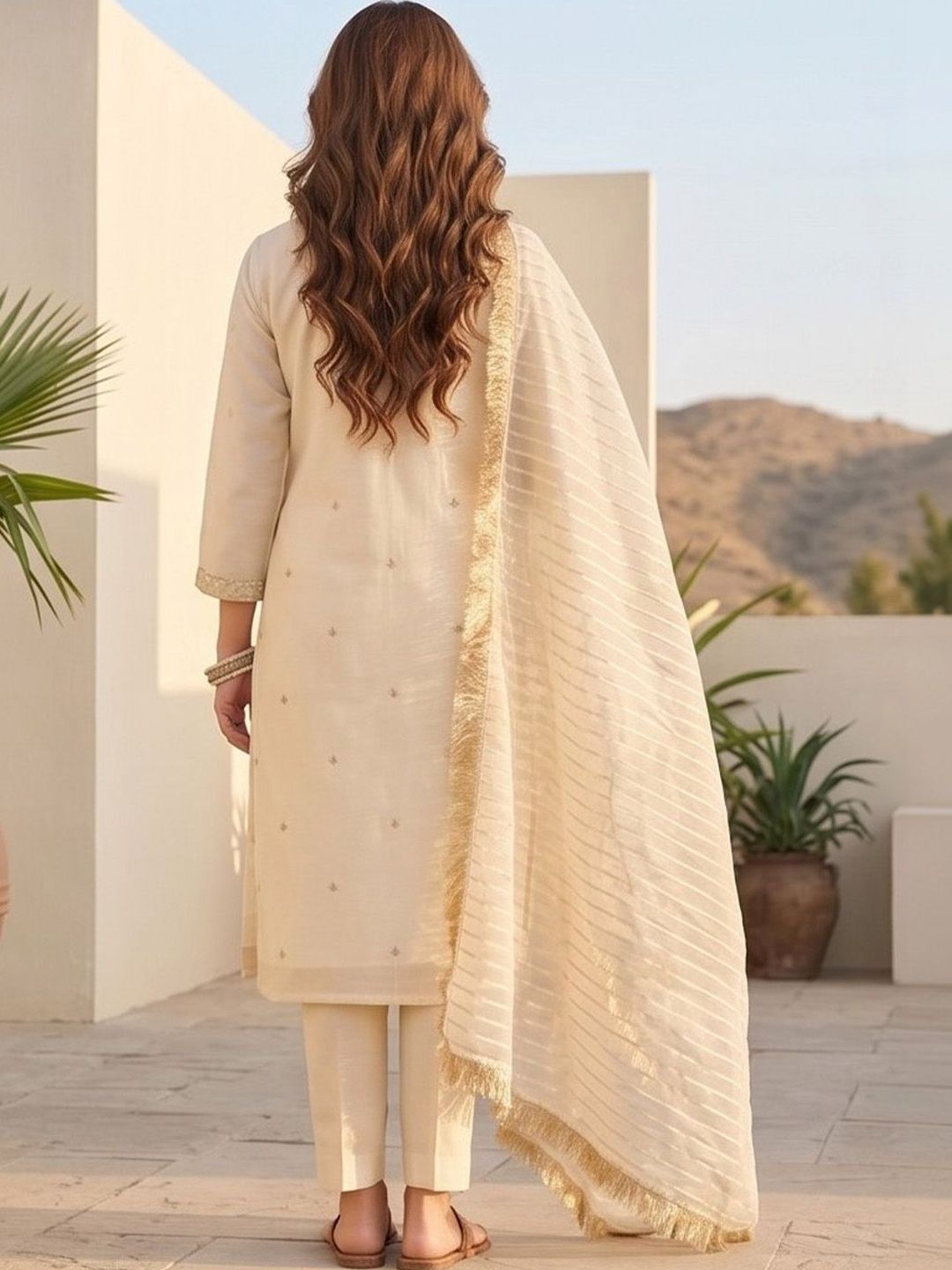 Off White Women Ethnic Motifs Embroidered Regular Thread Work Kurta with Trousers & With Dupatta