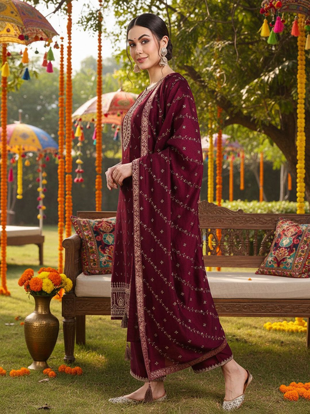 Dhiyona KL Floral Embroidered Sequinned Kurta with Palazzo & Dupatta