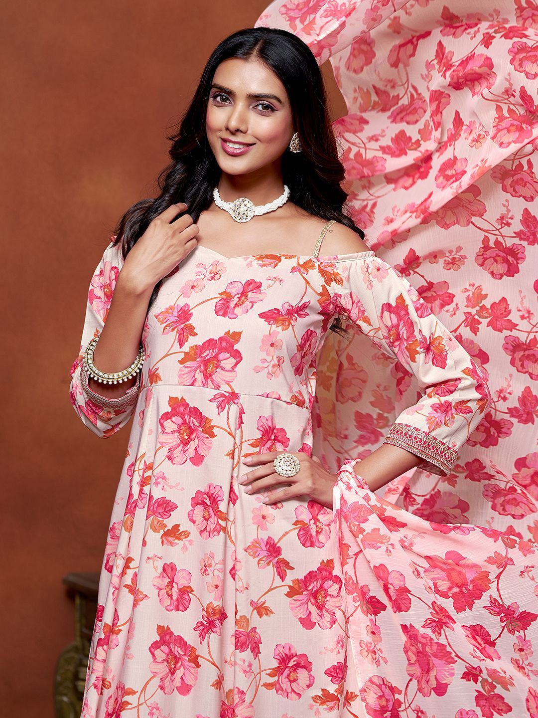 Floral Printed Off Shoulder Anarkali Kurta With Trousers And Dupatta