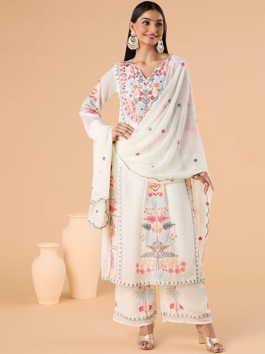 Dhiyona KL Ethnic Motifs Embroidered Straight Thread Work Kurta With Pyjamas & Dupatta