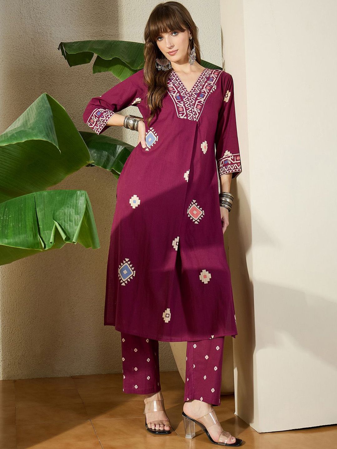 Dhiyona IE Printed Pure Cotton V-Neck Top With Trousers