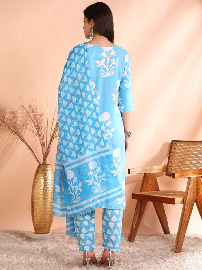 Dhiyona OD  Printed Thread Work Pure Cotton Kurta With Trousers & Dupatta