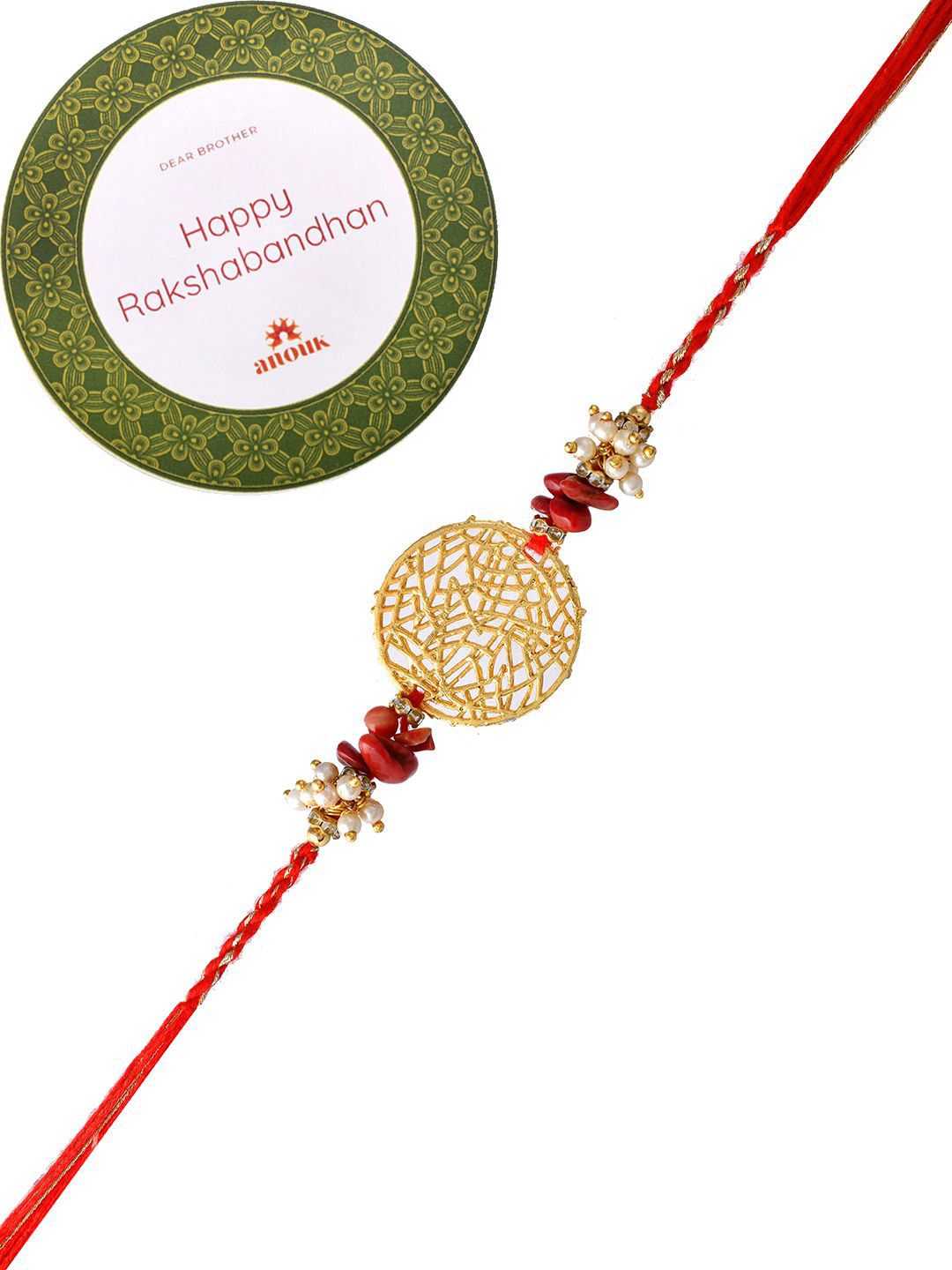 Dhiyona Gold-Toned Pearl-Beaded Rakhi With Roli Chawal & Greeting Card
