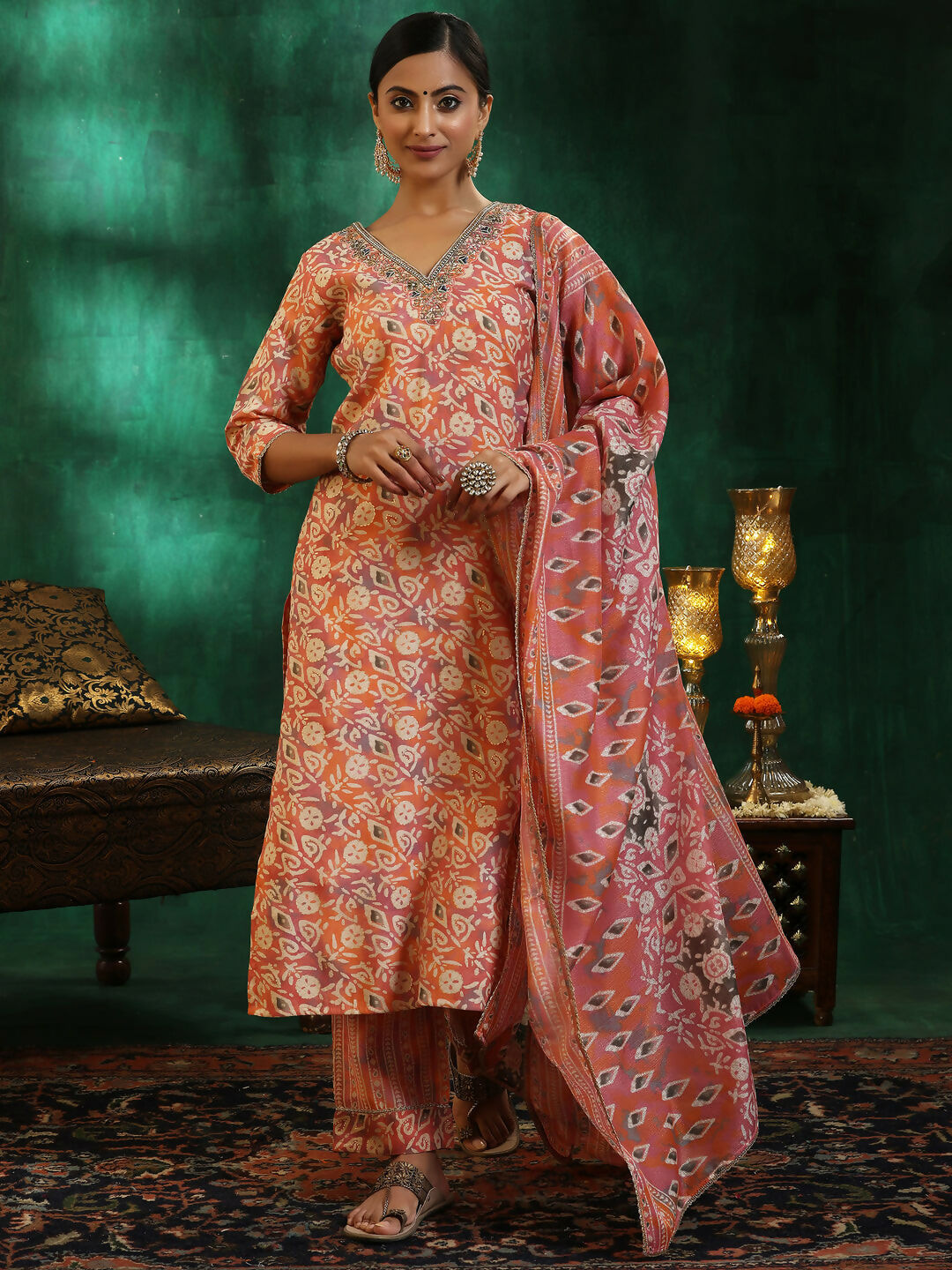 Women's LB Peach Printed Silk Blend Straight Suit With Dupatta