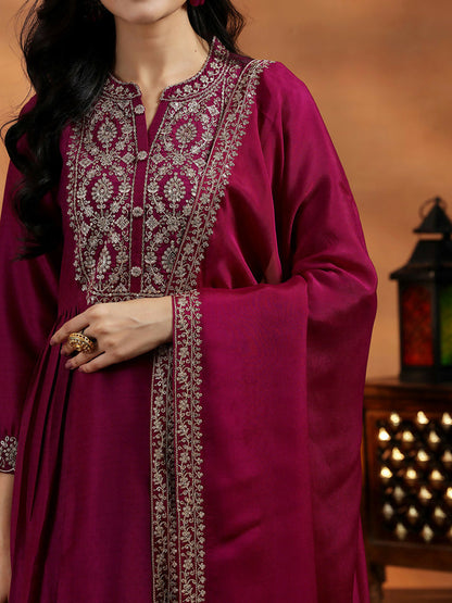 Women's LB Maroon Yoke Design Silk Blend A-Line Kurta With Palazzos & Dupatta