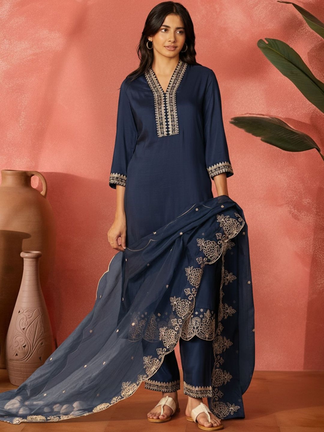 Dhiyona IE Women Ethnic Motifs Embroidered Regular Thread Work Kurta with Trousers & With Dupatta