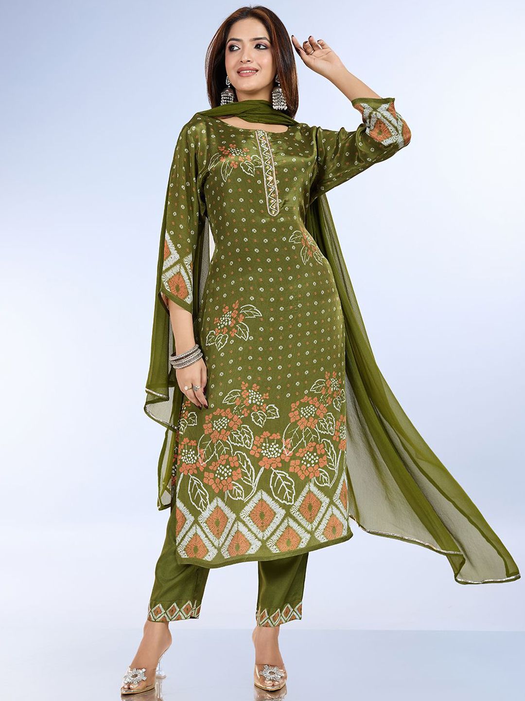 Dhiyona IS Women's Floral Printed Beads And Stones Straight Kurta With Trousers And Dupatta
