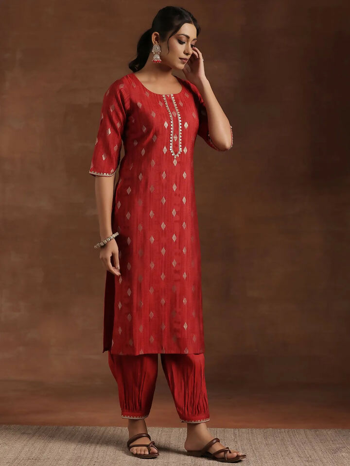 Women's LB Red Woven Design Silk Blend Straight Suit With Dupatta