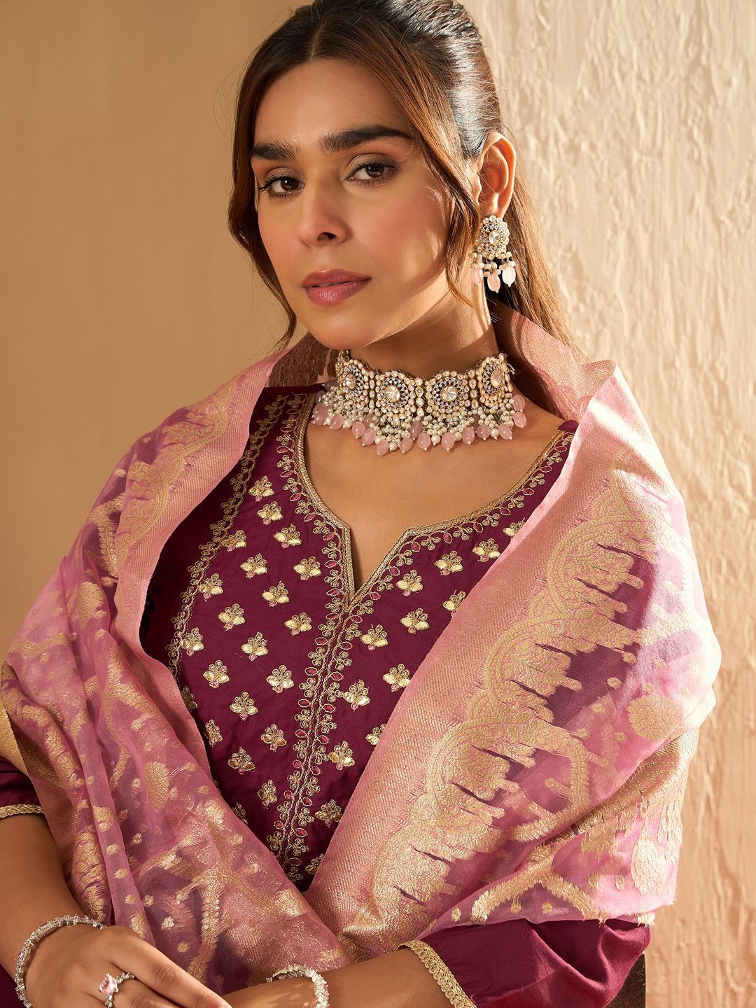 Dhiyona IE Ethnic Motifs Yoke Design Straight Gotta Patti Liva Kurta with Trousers & Dupatta