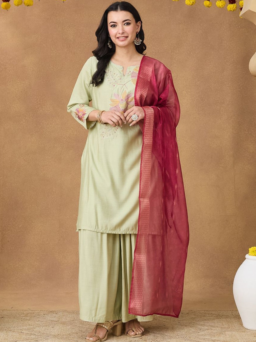 Embroidered Round Neck Kurta & Trousers With Dupatta