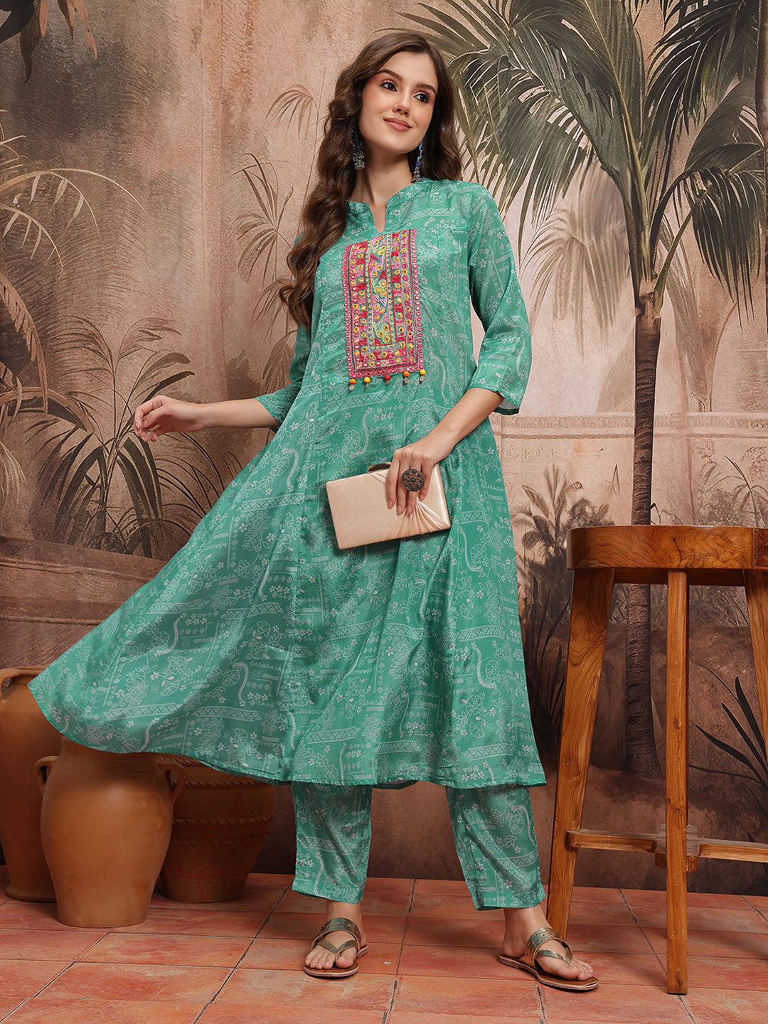 Dhiyona SN Ethnic Motifs Print Panelled Mirror Work Kurta with Trousers