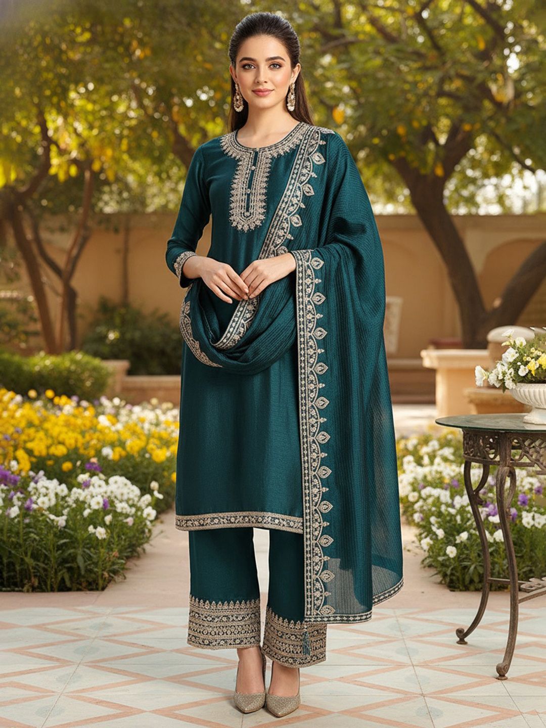 Dhiyona KL Ethnic Motifs Yoke Design Straight Kurta With Palazzos & Dupatta