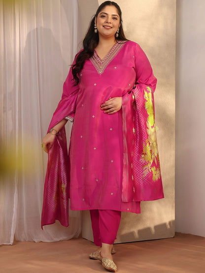Dhiyona Women's Plus Size Ethnic Motifs Embroidered Kurta with Trouser & Dupatta