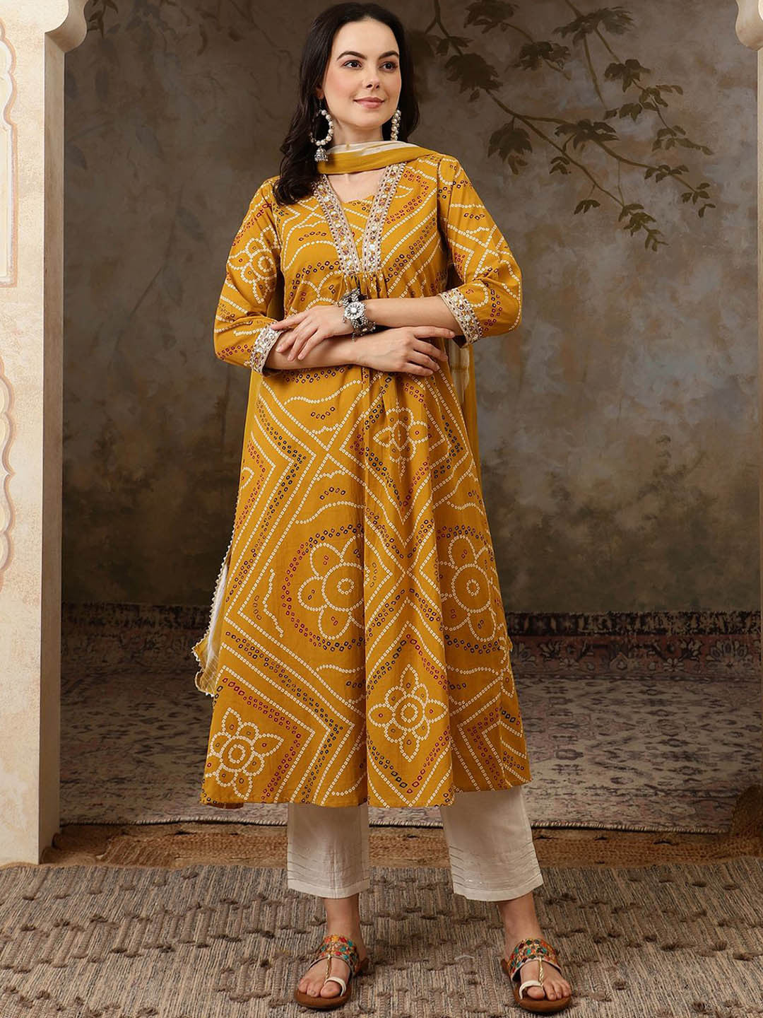 Yellow Bandhani Printed Pure Cotton Anarkali Kurta With Trousers & Dupatta