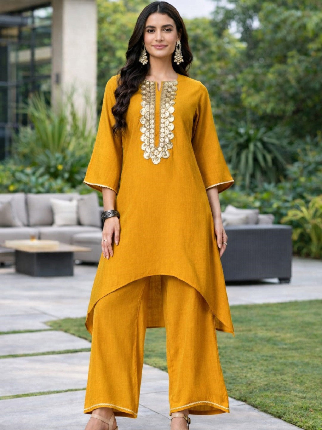 Dhiyona SN Ethnic Motifs Yoke Design Sequinned A-Line Kurta With Palazzo