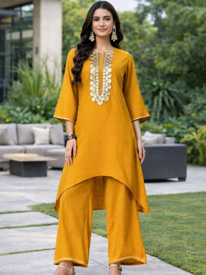 Ethnic Motifs Yoke Design Sequinned A-Line Kurta With Palazzo