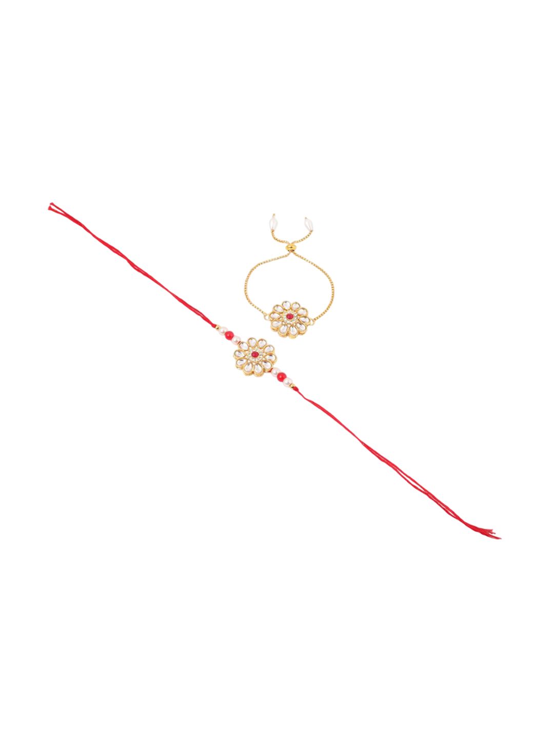 Dhiyona Set Of 2 Gold Toned Kundan Floral Design Bhaiya Bhabhi Rakhi Set With Roli Chawal