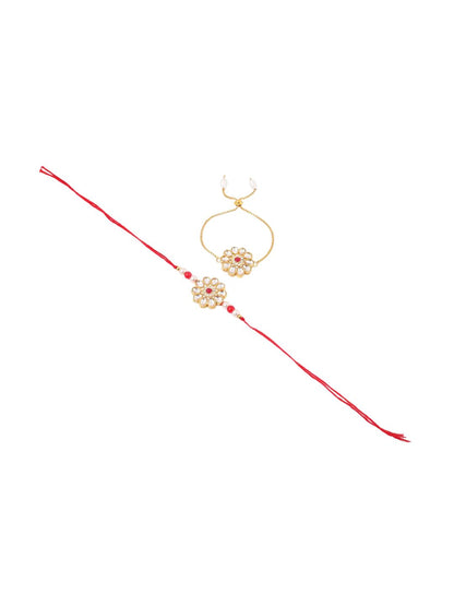 Dhiyona Set Of 2 Gold Toned Kundan Floral Design Bhaiya Bhabhi Rakhi Set With Roli Chawal